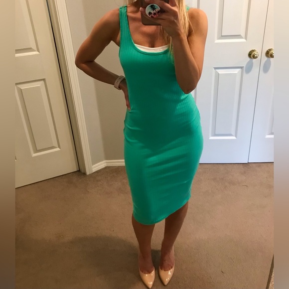Shein mint ribbed bodycon midi tank dress turquoise sea foam green scoop pencil - Picture 6 of 6